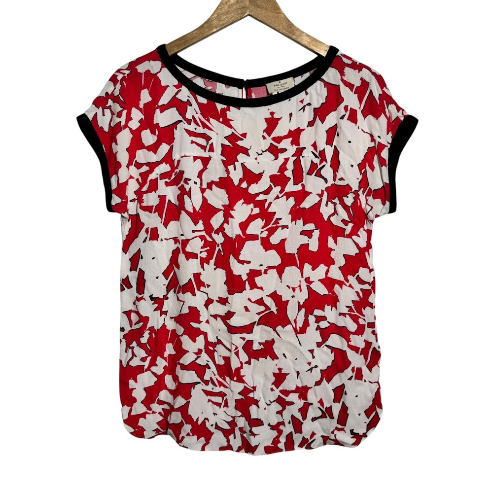 Kate Spade New York Red White Abstract Floral Blouse Black Trim 4 Office Chic